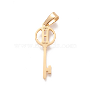 304 Stainless Steel Initial Pendants, Large Hole Pendants, Key with Letter, Golden, Letter.H, 25x8.5x1mm, Hole: 6x2.5mm(STAS-D019-09H-G)