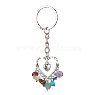 Alloy Heart Charm Keychains, with Natural & Synthetic Gemstone Chip, 9cm(KEYC-JKC00607)