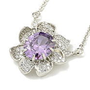 304 Stainless Steel Cable Chain Necklaces, Brass Clear & Lilac Cubic Zirconia Flower Pendant Necklaces, Stainless Steel Color, 18.43 inch(46.8cm)(NJEW-H040-07P)