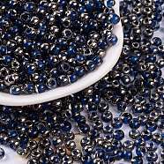 Glass Seed Beads, Inside Colours, Half Silver Plated, Round, Medium Blue, 4x3mm, Hole: 1.2mm, 6428pcs/pound(SEED-A032-06S)