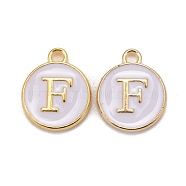 Golden Plated Alloy Charms, Cadmium Free & Lead Free, with Enamel, Enamelled Sequins, Flat Round with Letter, White, Letter.F, 14x12x2mm, Hole: 1.5mm(ENAM-S118-01F)