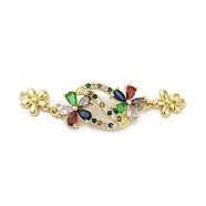 Rack Plating Brass Pave Colorful Cubic Zirconia Flower Connector Charms, Long-Lasting Plated, Cadmium Free & Lead Free, Real 18K Gold Plated, 53x14x3.5mm, Hole: 1.4mm(KK-C052-37E-G)