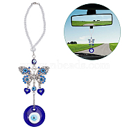 Blue Evil Eye with Butterfly Car Hanging Decoration Ornament, for Window Car Door Frame Balcony, Blue, 269mm(HJEW-WH0043-34)
