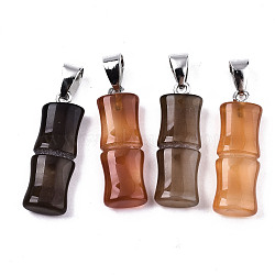 Natural Agate Pendants, with Platinum Iron Pinch Bail, Dyed, Bamboo, Sienna, 28.5x10x5mm, Hole: 4x5mm(G-T131-112A)