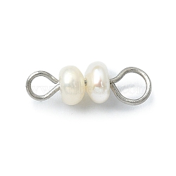 Natural Cultured Freshwater Pearl Connector Charms, Potato Links, with Stainless Steel Color Plated Brass Double Loops, White, 13x4.5x4mm, Hole: 1.8mm & 3mm(PALLOY-JF02263-02)