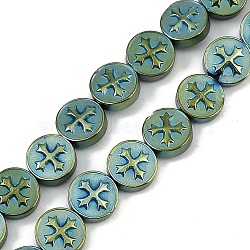 Electroplated Synthetic Non-magnetic Hematite Beads Strands, Flat Round with Cross, Green Plated, 8x3mm, Hole: 0.8mm, about 51pcs/strand, 15.75''(40cm)(G-K375-B02-02)