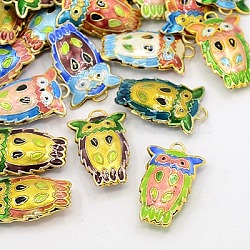 Cloisonne Pendant, Mixed Color, Owl, For Halloween Jewelry Making, 27mm long, 17mm wide, 6mm thick, hole: 3mm(X-CLB004Y-M)
