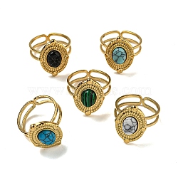 Ion Plating(IP) Oval 304 Stainless Steel Open Cuff Rings, Synthetic Malachite & Turquoise Finger Rings for Women Men, Real 18K Gold Plated, US Size 6(16.5mm)(STAS-Z060-12G)