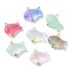 Transparent Spray Painted Glass Pendents, Golden Brass Findings, Fish Charms, Mixed Color, 12.5x15.5x5.5mm, Hole: 1.6mm(PALLOY-JF02117)