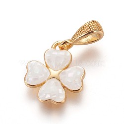 Brass Enamel Charms, with Freshwater Shell, Four Leaf Clover, Golden, Floral White, 13.5x12x2.5mm, Hole: 3x3.5mm(KK-E763-03A-G)