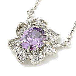 304 Stainless Steel Cable Chain Necklaces, Brass Clear & Lilac Cubic Zirconia Flower Pendant Necklaces, Stainless Steel Color, 18.43 inch(46.8cm)(NJEW-H040-07P)