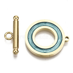 201 Stainless Steel Toggle Clasps, with Enamel, Ring, Real 18K Gold Plated, Cadet Blue, Ring: 22x20x2mm, Hole: 1.5mm, Bar: 21x7x3mm, Hole: 2mm(STAS-R115-14C-G)