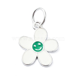 925 Sterling Silver Enamel Smiling Face Flower Charms, with Jump Rings & 925 Stamp, Silver Color Plated, Green, 14.5x12x1mm, Hole: 4mm(STER-M119-06D-S)