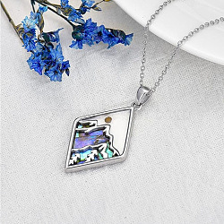 304 Stainless Steel Pave Natural Paua Shell & Mustard Seeds Rhombus with Mountain Faith Pendant Necklaces, Stainless Steel Color, Colorful, 17.72 inch(45cm)(FS-WG4919D-01)