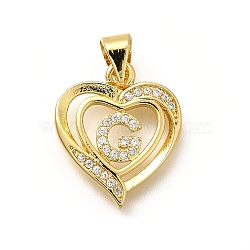 Rack Plating Brass Micro Pave Cubic Zirconia Pendants, Long-Lasting Plated, Lead Free & Cadmium Free,Real 18K Gold Plated, Heart with Letter Charms, Letter G, 17.5x15x2.5mm, Hole: 5x3mm(KK-L226-101G-G)