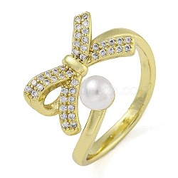 Brass Micro Pave Clear Cubic Zirconia Open Cuff Rings, with ABS Imitation Pearl, for Women, Golden, Bowknot, Inner Diameter: 18mm(RJEW-Z046-07G-02)