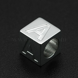 Non-Tarnish 201 Stainless Steel European Beads, Large Hole Beads, Horizontal Hole, Cube, Stainless Steel Color, Letter.A, 7x7x7mm, Hole: 5mm(STAS-N090-LA062-A)