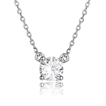 Cubic Zirconia Pendant Necklaces, with Rhodium Plated Sterling Silver Cable Chains for Women, Platinum, 15.75 inch(40cm)