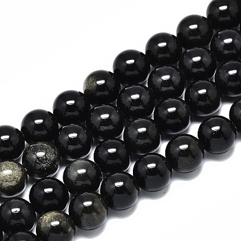 Natural Golden Sheen Obsidian Strands Beads, Round, 10mm, Hole: 1.2mm, about 39pcs/strand, 14.96 inch~15.75 inch(38~40cm)