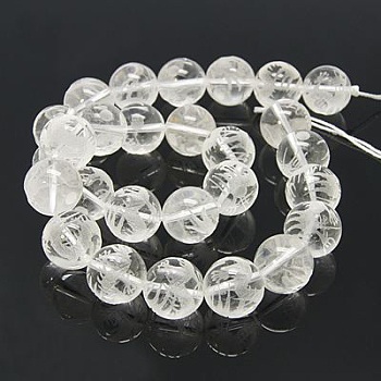 Natural Quartz Crystal Beads Strands, Rock Crystal Beads, Round, Carved Dragon Pattern, 14mm, Hole: 2mm, about 28pcs/strand, 15.4 inch