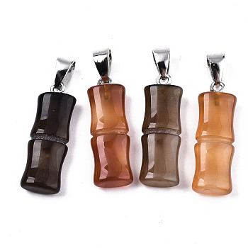 Natural Agate Pendants, with Platinum Iron Pinch Bail, Dyed, Bamboo, Sienna, 28.5x10x5mm, Hole: 4x5mm