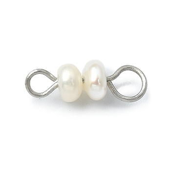 Natural Cultured Freshwater Pearl Connector Charms, Potato Links, with Stainless Steel Color Plated Brass Double Loops, White, 13x4.5x4mm, Hole: 1.8mm & 3mm