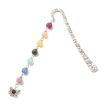 Tibetan Style Alloy Bookmarks, with Chakra Theme Fropted Natural Gemstone Beaded Pendant, Butterfly, Antique Silver, 137mm