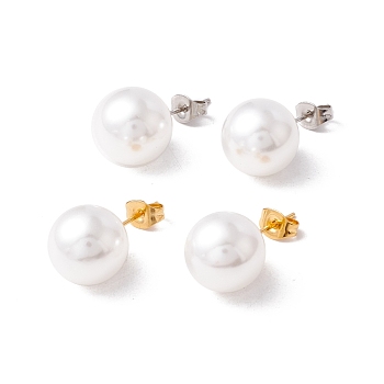 6 Pair Shell Pearl Round Ball Stud Earrings, 304 Stainless Steel Post Earrings for Women, White, Mixed Color, 24x12mm, Pin: 1mm