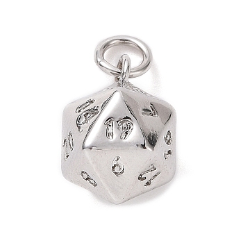 Rack Plating Brass Charms, with Jump Rings, Long-Lasting Plated, 20 Sided Dice Charm, Platinum, 13.5x9.5x9.5mm, Hole: 3.2mm