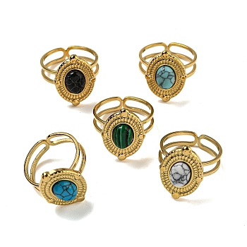 Oval 304 Stainless Steel Open Cuff Rings, Synthetic Malachite & Turquoise Finger Rings for Women Men, Real 18K Gold Plated, US Size 6(16.5mm)