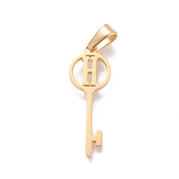 304 Stainless Steel Initial Pendants, Large Hole Pendants, Key with Letter, Golden, Letter.H, 25x8.5x1mm, Hole: 6x2.5mm