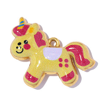 Printed 304 Stainless Steel Pendants, Hand Polished Unicorn Charm, Ion Plating(IP), Colorful, Real 18K Gold Plated, 18x17mm, Hole: 1.7mm