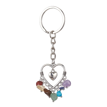 Alloy Heart Charm Keychains, with Natural & Synthetic Gemstone Chip, 9cm