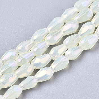 Electroplate Glass Beads Strands, AB Color Plated, Faceted Teardrop, Beige, 4x3mm, Hole: 0.7mm, about 98~99pcs/strand, 16.54~16.92 inch(42~43cm)