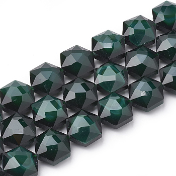 Opaque Solid Color Glass Beads Strands, Faceted, Hexagon, Dark Green, 15x14x8mm, Hole: 1mm, about 24pcs/strand, 14.17 inch(36cm)