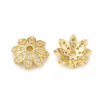 Brass Bead Caps, 6-Petal Flower, Real 18K Gold Plated, 9.5x3mm, Hole: 1.5mm