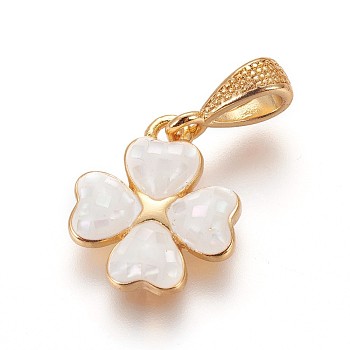 Brass Enamel Charms, with Freshwater Shell, Four Leaf Clover, Golden, Floral White, 13.5x12x2.5mm, Hole: 3x3.5mm