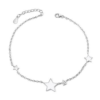 SHEGRACE 925 Sterling Silver Anklet, with Micro Pave AAA Cubic Zirconia and Enamel Star, Platinum, 8-1/4 inch(210mm)