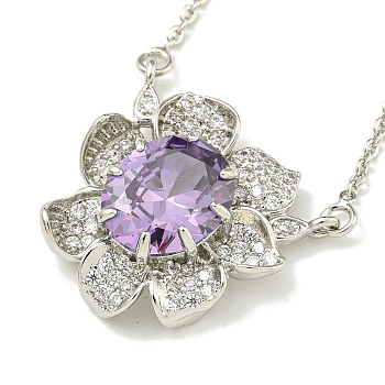 304 Stainless Steel Cable Chain Necklaces, Brass Clear & Lilac Cubic Zirconia Flower Pendant Necklaces, Stainless Steel Color, 18.43 inch(46.8cm)