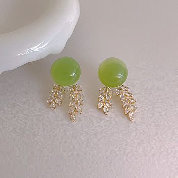 Round Imitation Green Agate Leaf Earrings Studs