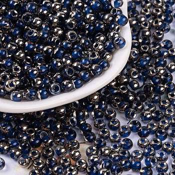 Glass Seed Beads, Inside Colours, Half Silver Plated, Round, Medium Blue, 4x3mm, Hole: 1.2mm, 6428pcs/pound