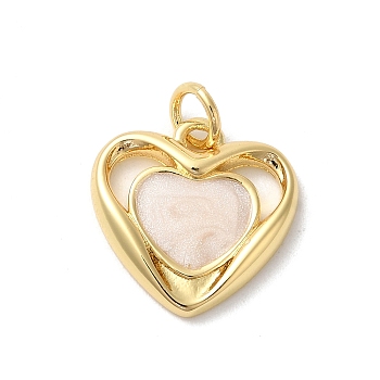 Rack Plating Brass Enamel Pendants, with Jump Ring, Long-Lasting Plated, Cadmium Free & Lead Free, Heart Charm, Real 18K Gold Plated, Seashell Color, 15x15x2mm, Hole: 3mm