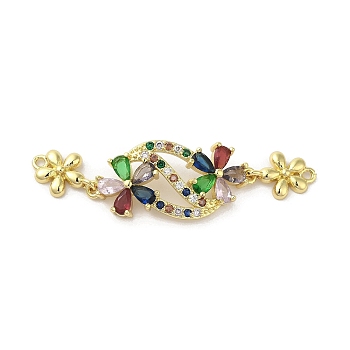 Rack Plating Brass Pave Colorful Cubic Zirconia Flower Connector Charms, Long-Lasting Plated, Cadmium Free & Lead Free, Real 18K Gold Plated, 53x14x3.5mm, Hole: 1.4mm