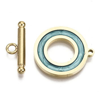 201 Stainless Steel Toggle Clasps, with Enamel, Ring, Real 18K Gold Plated, Cadet Blue, Ring: 22x20x2mm, Hole: 1.5mm, Bar: 21x7x3mm, Hole: 2mm