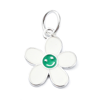 925 Sterling Silver Enamel Smiling Face Flower Charms, with Jump Rings & 925 Stamp, Silver Color Plated, Green, 14.5x12x1mm, Hole: 4mm