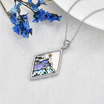 304 Stainless Steel Pave Natural Paua Shell & Mustard Seeds Rhombus with Mountain Faith Pendant Necklaces, Stainless Steel Color, Colorful, 17.72 inch(45cm)