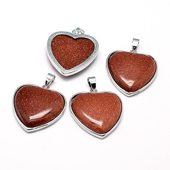 Heart Platinum Plated Brass Synthetic Goldstone Pendants, Cadmium Free & Lead Free, 36x31x7mm, Hole: 4x8mm