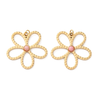 Ion Plating(IP) 304 Stainless Steel Pave Natural Rhodonite Pendants, Flower Charms with Jump Rings, Real 18K Gold Plated, 24x24.5x3mm, Hole: 2.8mm