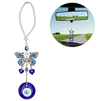 Blue Evil Eye with Butterfly Car Hanging Decoration Ornament, for Window Car Door Frame Balcony, Blue, 269mm