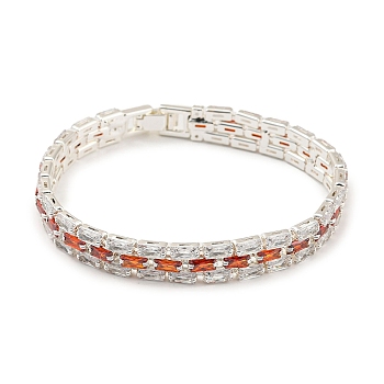 Rack Plating Brass Micro Pave Orange Red Cubic Zirconia Rectangle Link Chain Bracelets, Tennis Bracelet, Long-Lasting Plated, Cadmium Free & Lead Free, Silver, 7-5/8 inch(19.3cm)